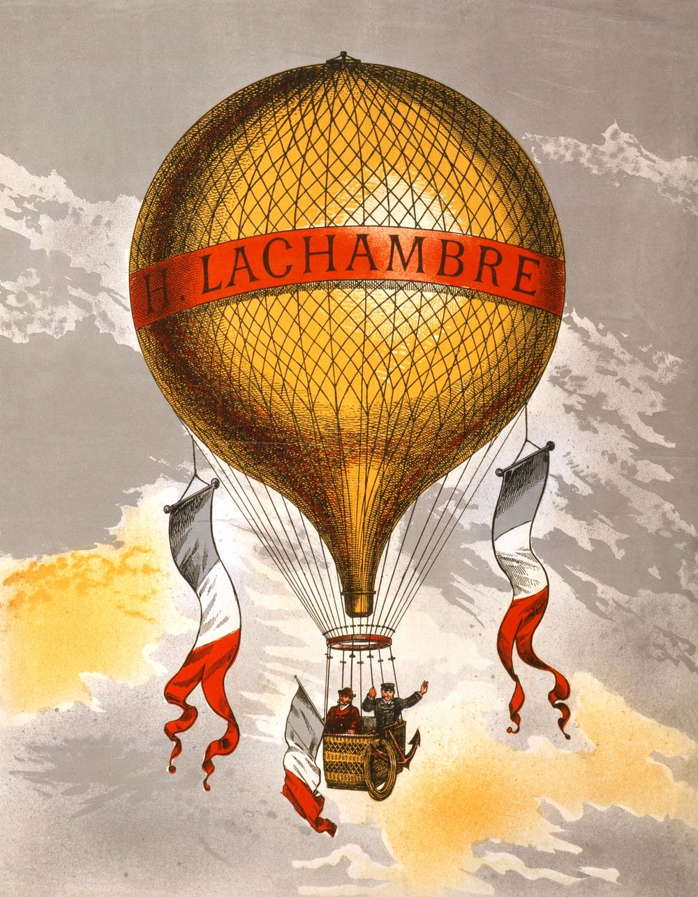 Balloon labeled "H. Lachambre," with two men riding in the basket (1880). Original public domain image from the Library of…