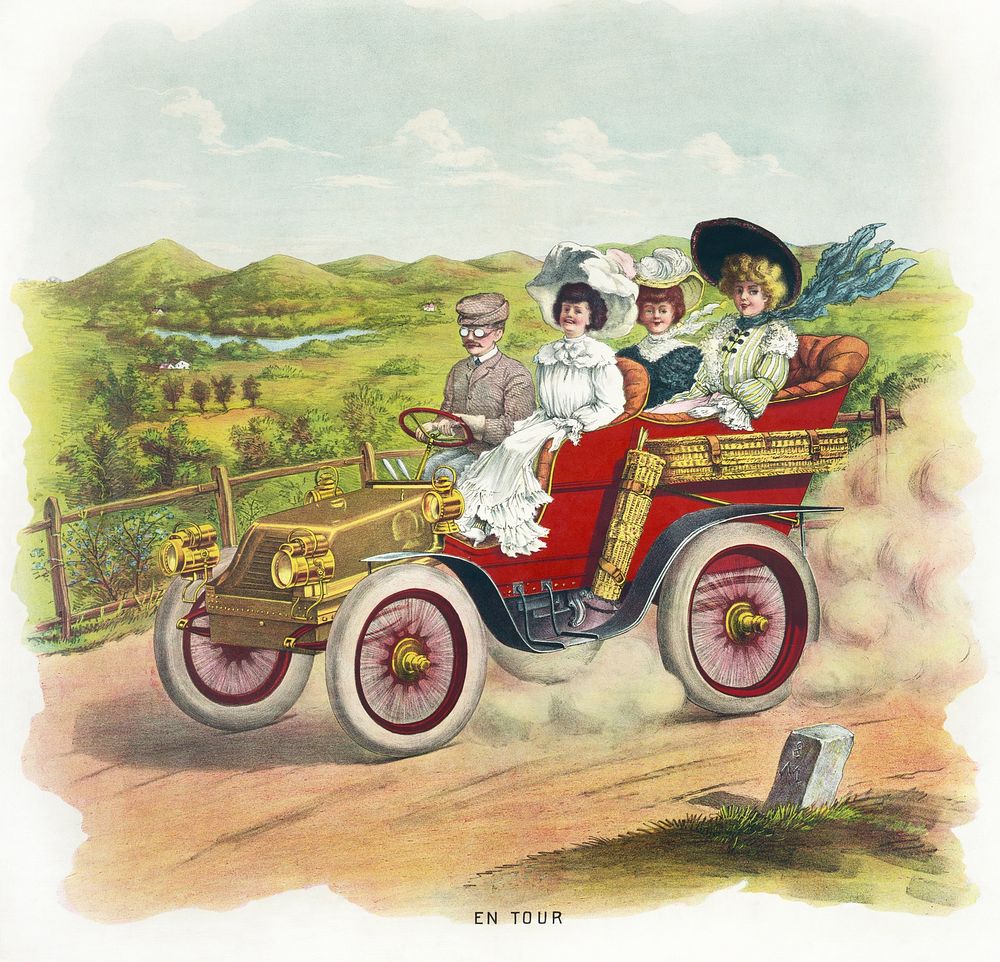 En tour (1904) Three women and a man riding in automobile in the country illustration by Vorenberg & Co. Original public…