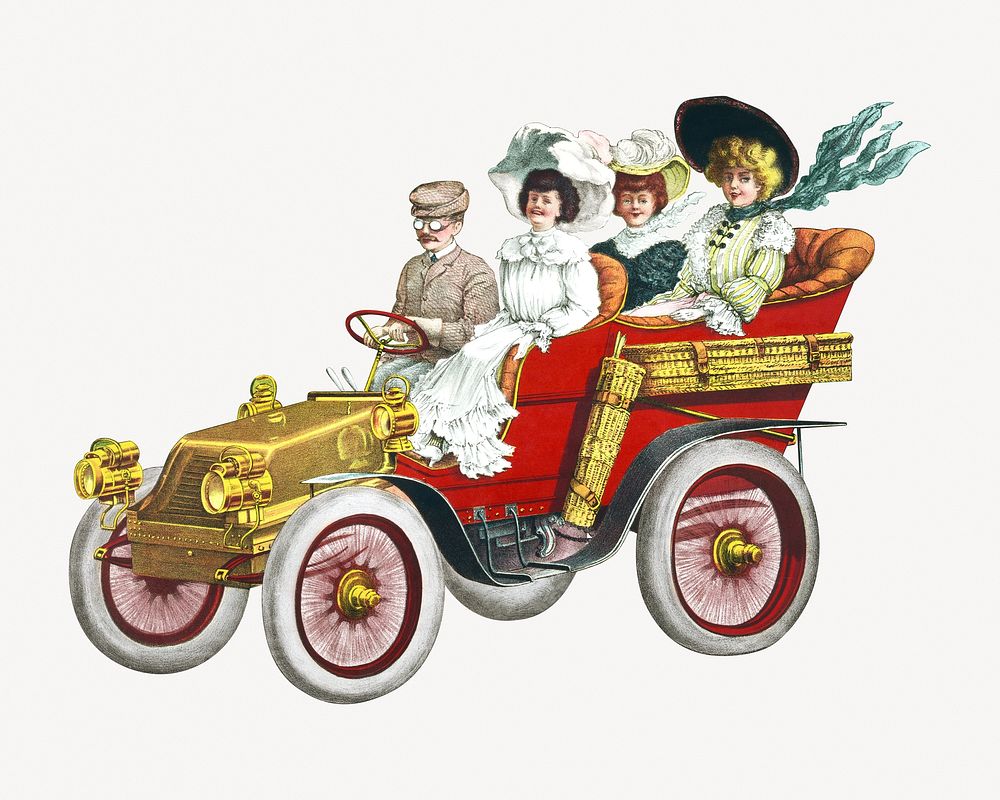 Women and a man riding in automobile illustration.   Remastered by rawpixel