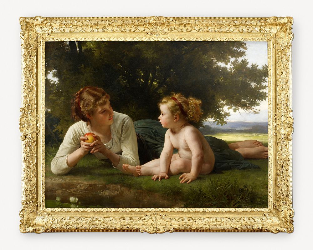 Picture frame mockup, vintage gold luxurious design psd, with William-Adolphe Bouguereau's famous painting, remixed by…