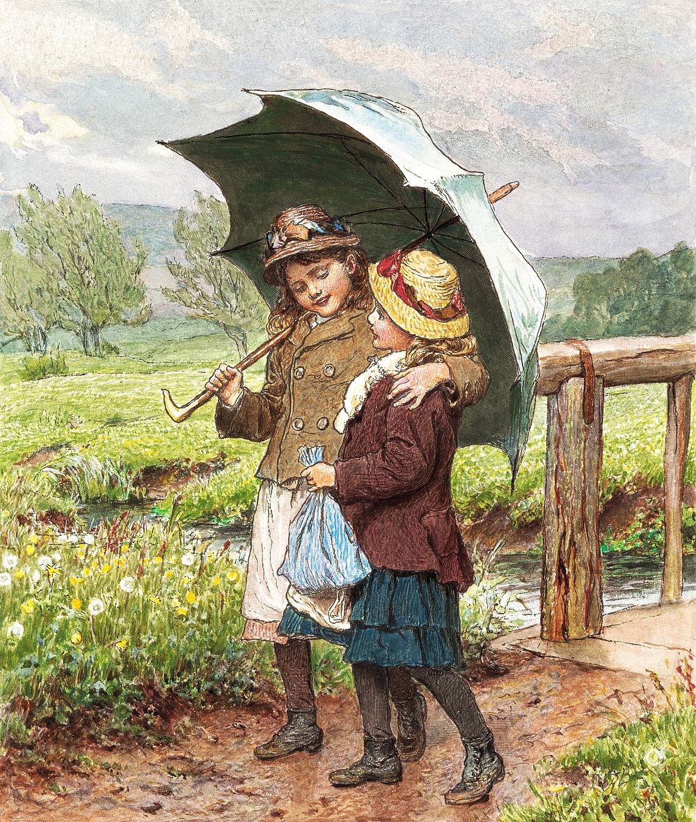 Two Girls Under an Umbrella (1840&ndash;1895) by Robert Barnes. Original public domain image from the Yale University Art…