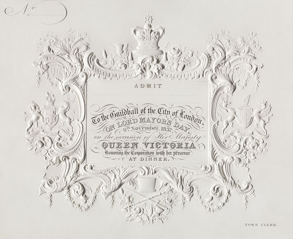 Victoria, Queen. Ticket of Admission to the Guildhall of the City of London on Lord Mayor's Day, 9th November (1837).…