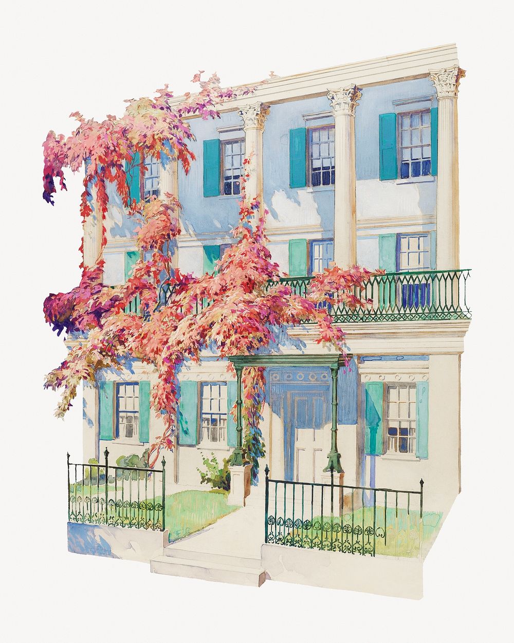 Building with pink flowers illustration.  Remastered by rawpixel