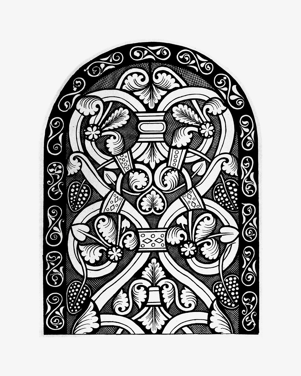 Vintage stained glass window, black and white illustration. Remixed by rawpixel.