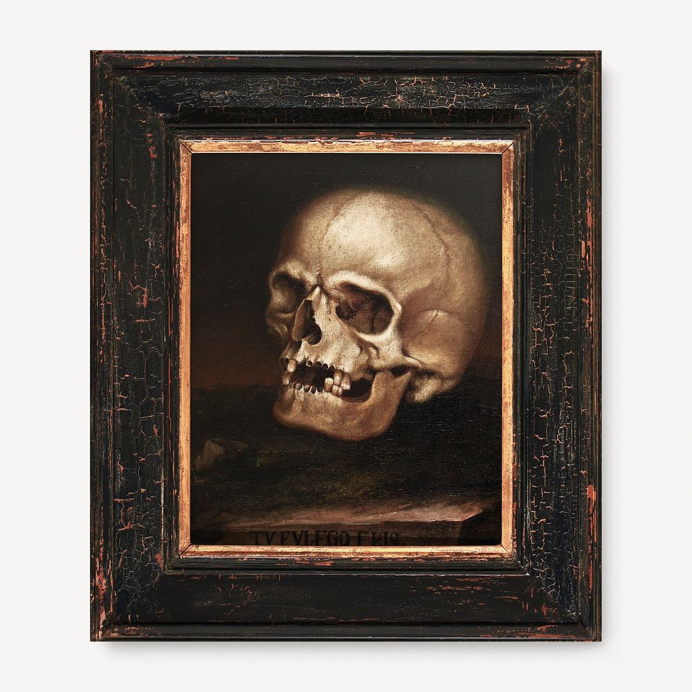 Vintage photo frame mockup, rustic design psd, Johann Georg Dieffenbrunner's Skull painting, remixed by rawpixel.