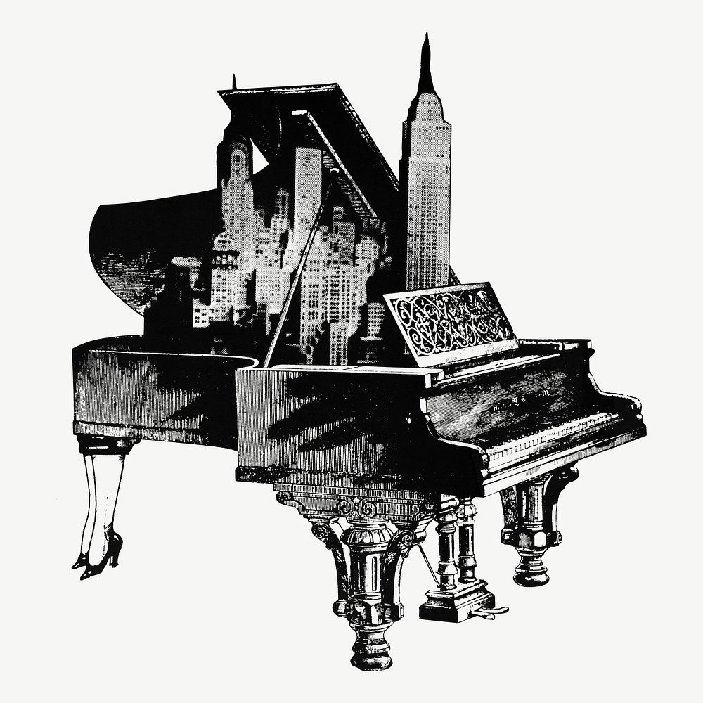 Vintage piano, cityscape clipart psd.  Remixed by rawpixel.