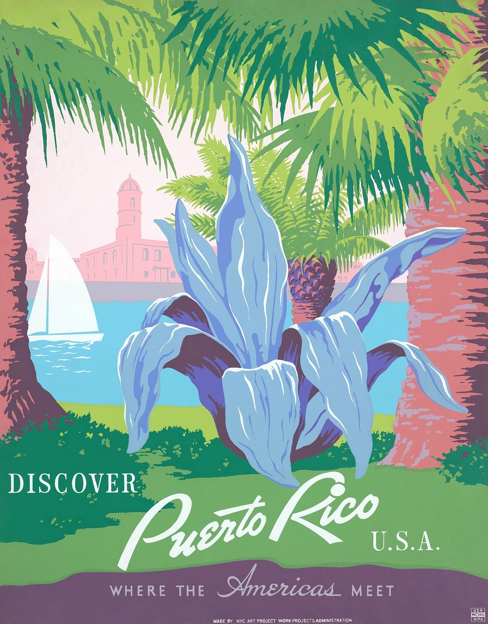 Discover Puerto Rico U.S.A. Where the Americas meet (1936-1940) poster by Frank S. Nicholson. Original public domain image…