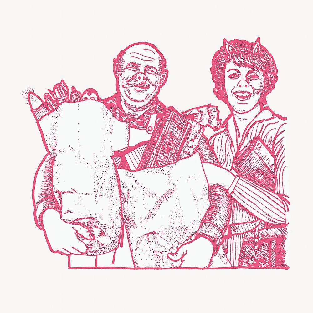 Vintage people with pig faces, economic boycott illustration.  Remixed by rawpixel.