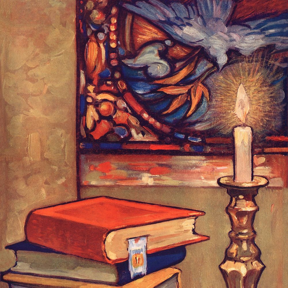 Lit candle by book stack illustration.   Remixed by rawpixel.
