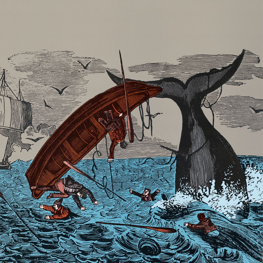 Whale wrecking fishing boat illustration.   Remixed by rawpixel.