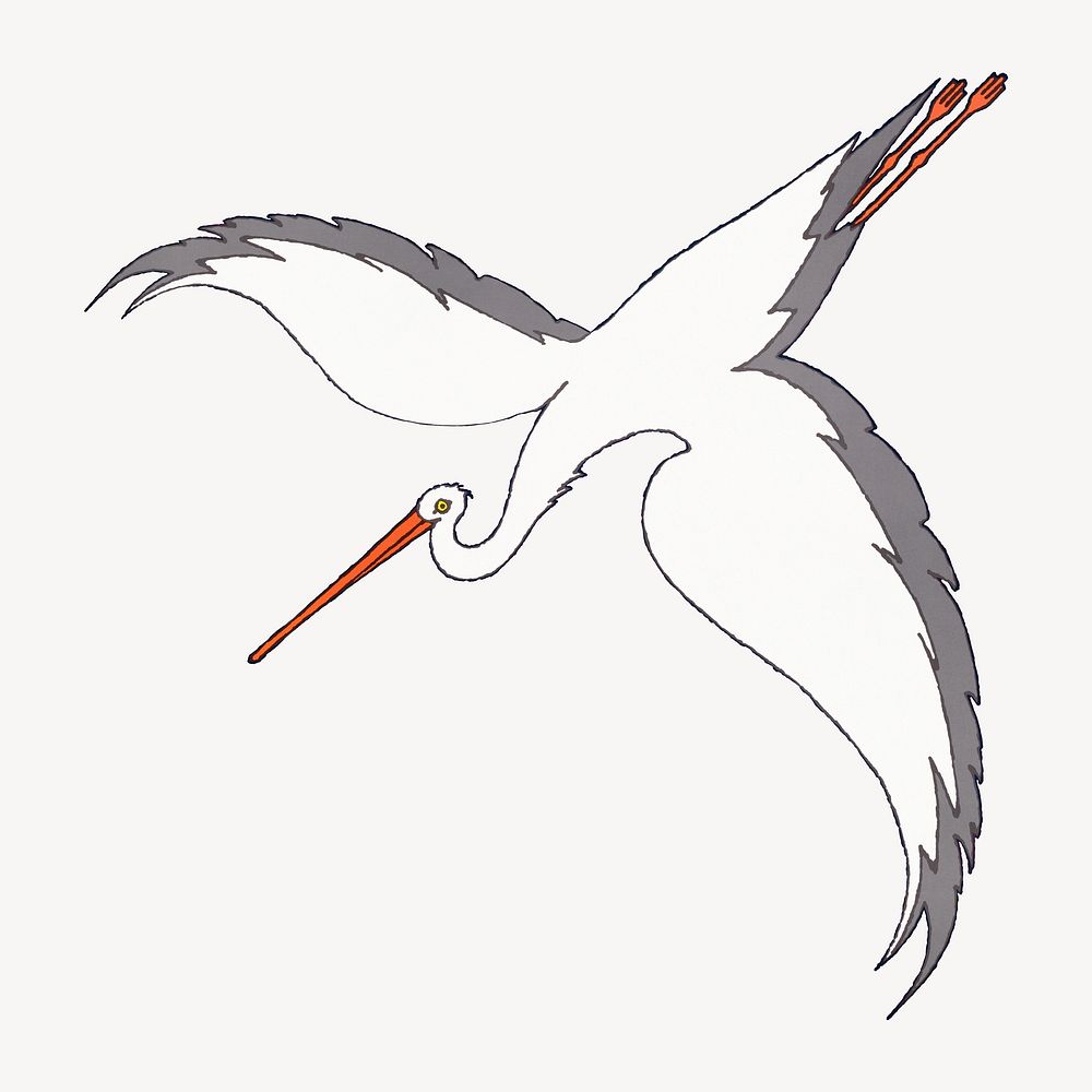Flying crane, bird illustration.  Remixed by rawpixel.