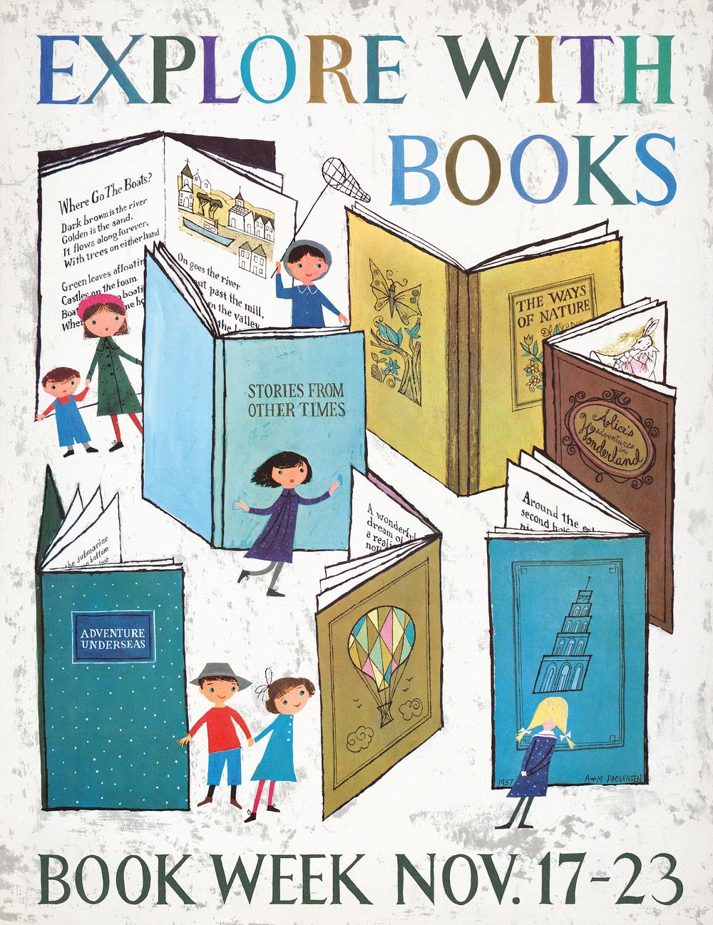 Explore with books. Book week, Nov. 17-23 (1957) vintage poster by Alice Provensen. Original public domain image from the…