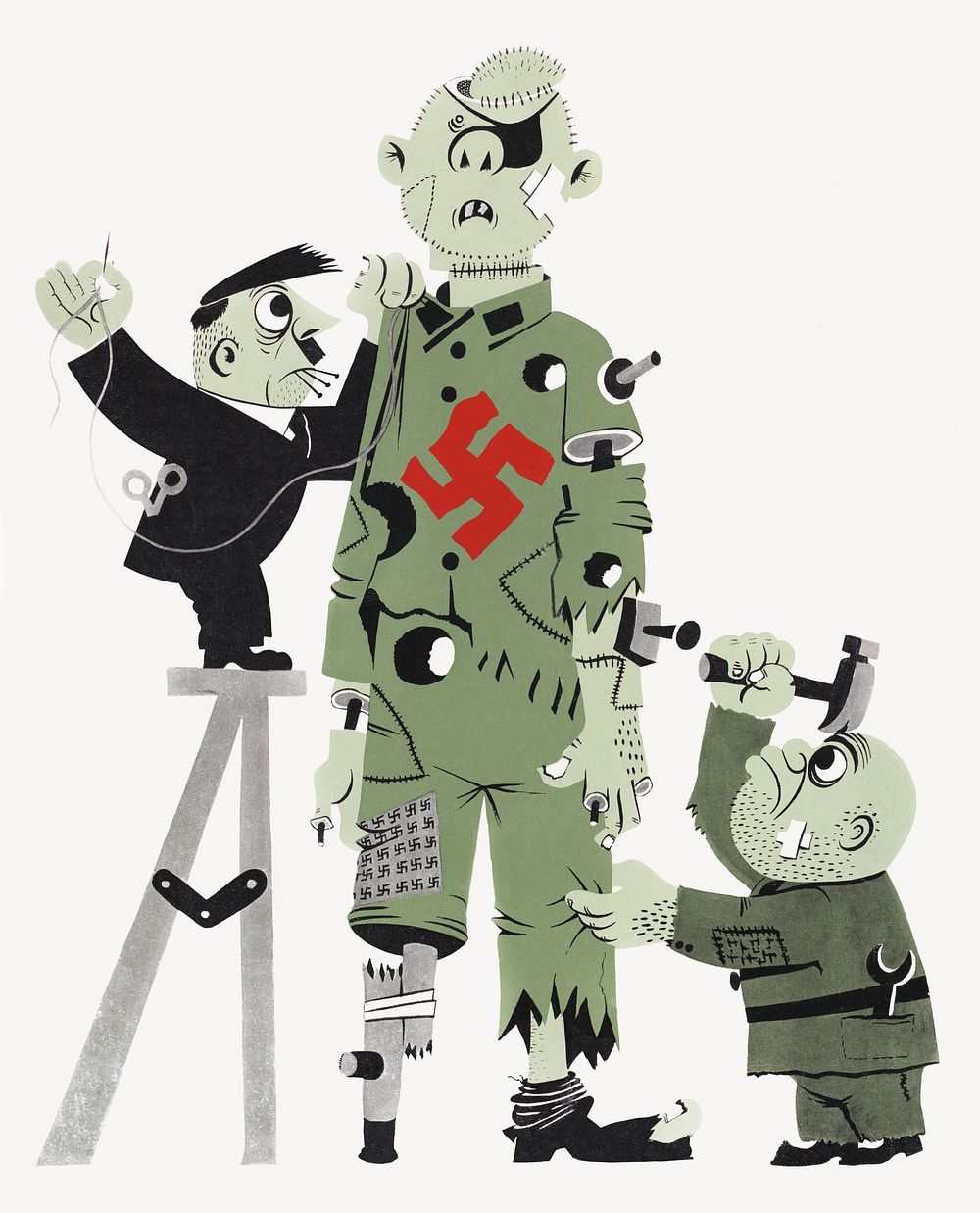 Hitler and Mussolini making a puppet (1945) propaganda, war poster. Original public domain image from the Library of…