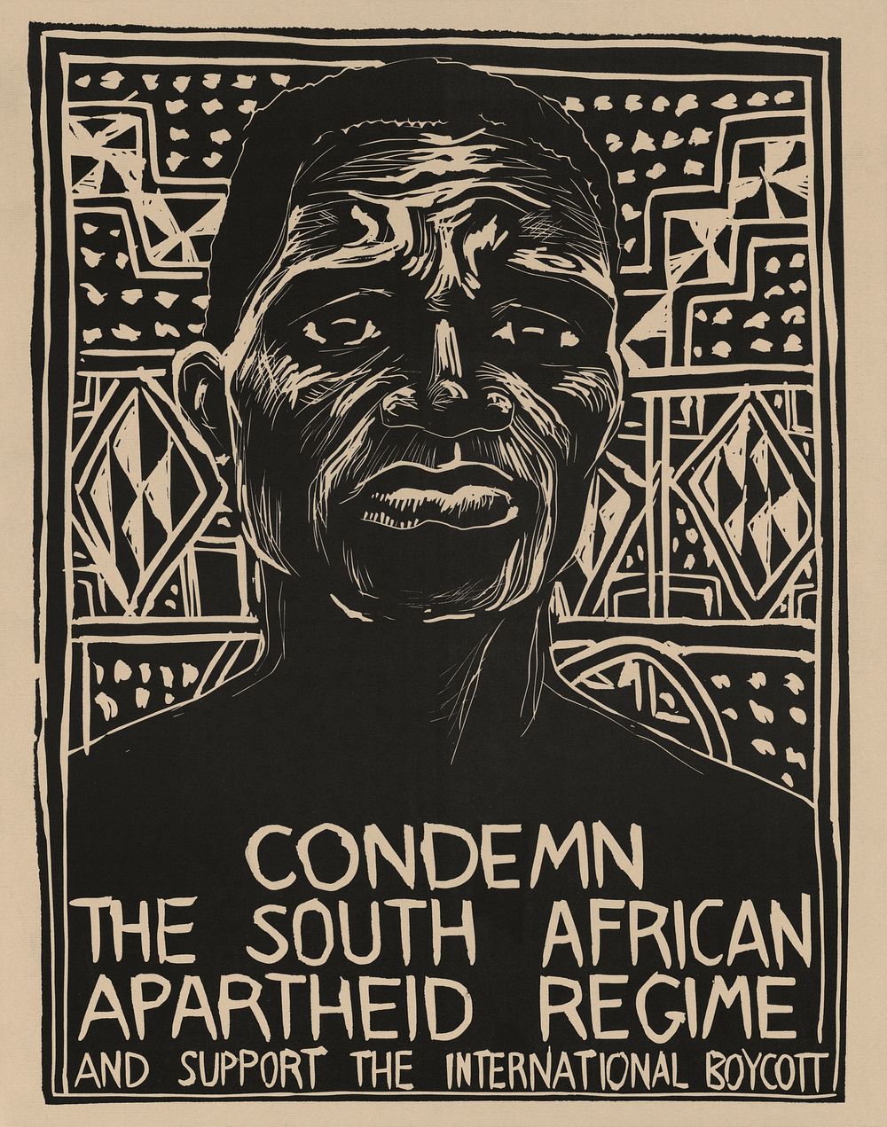 Condemn the South African apartheid regime and support the international boycott  (1976) vintage poster by Rachael Romero.…