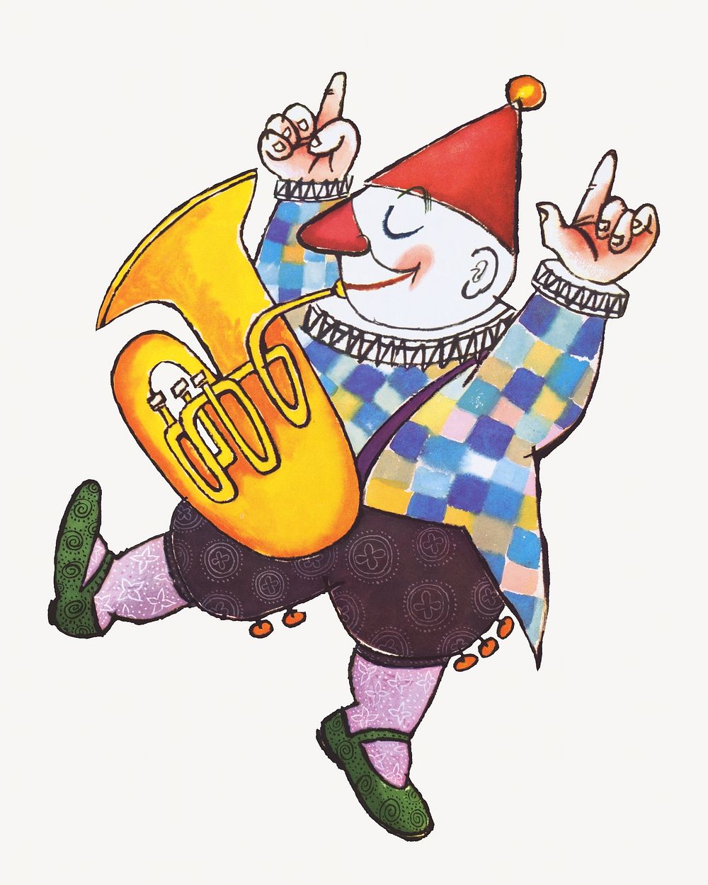 Clown playing tuba, character illustration.  Remixed by rawpixel.