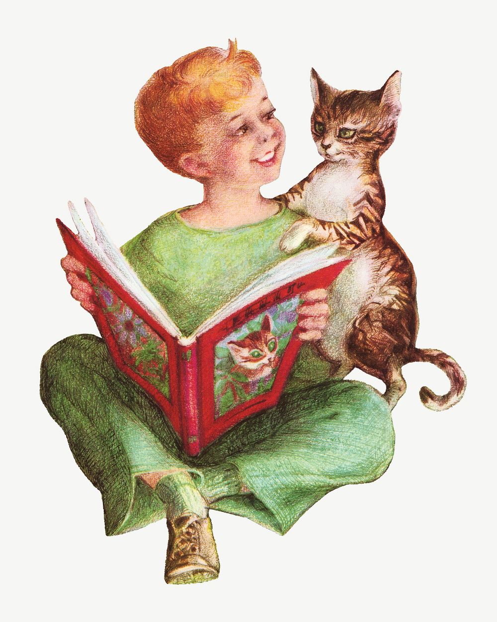 Boy reading with cat, character clipart psd.  Remixed by rawpixel.