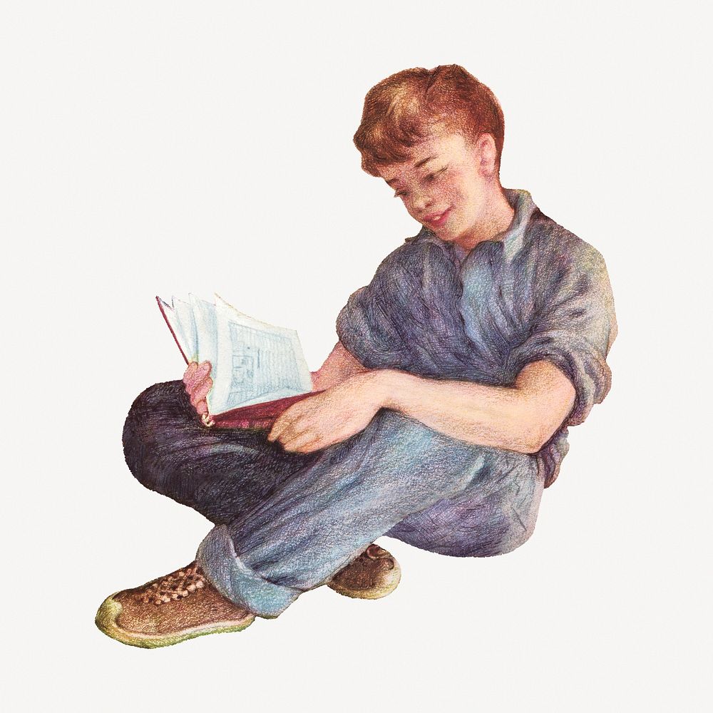 Boy reading, character clipart psd.   Remixed by rawpixel.