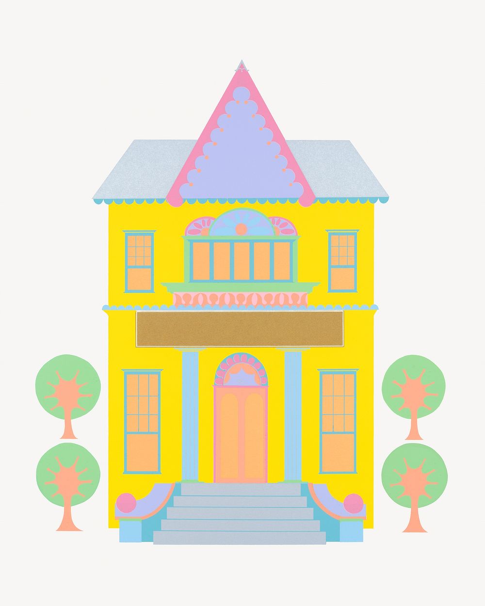 Yellow house, architecture illustration.  Remixed by rawpixel.