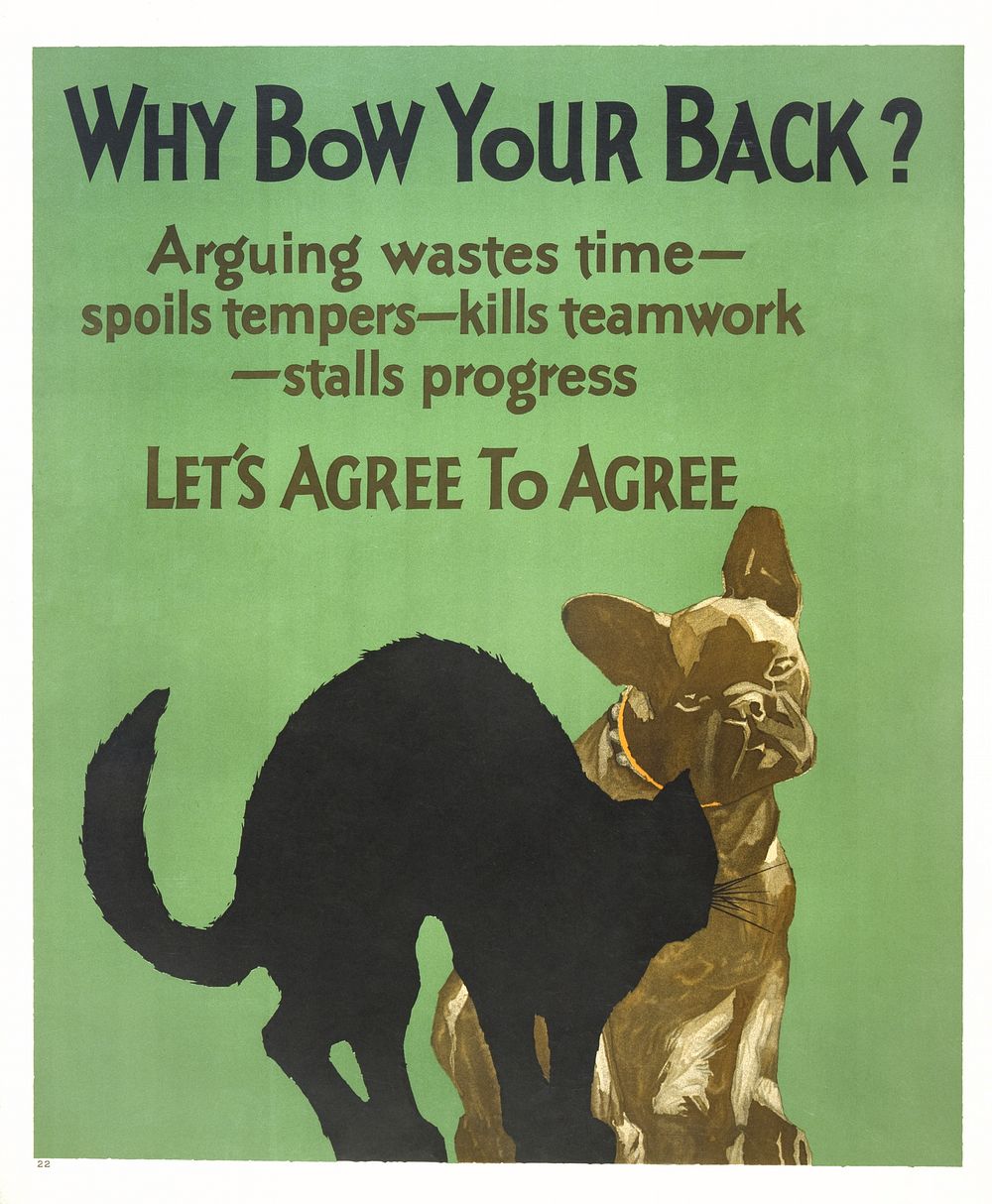 Why bow your back? (1929) sitting dog looking at an arching black cat poster by Willard Frederic Elmes.  Original public…
