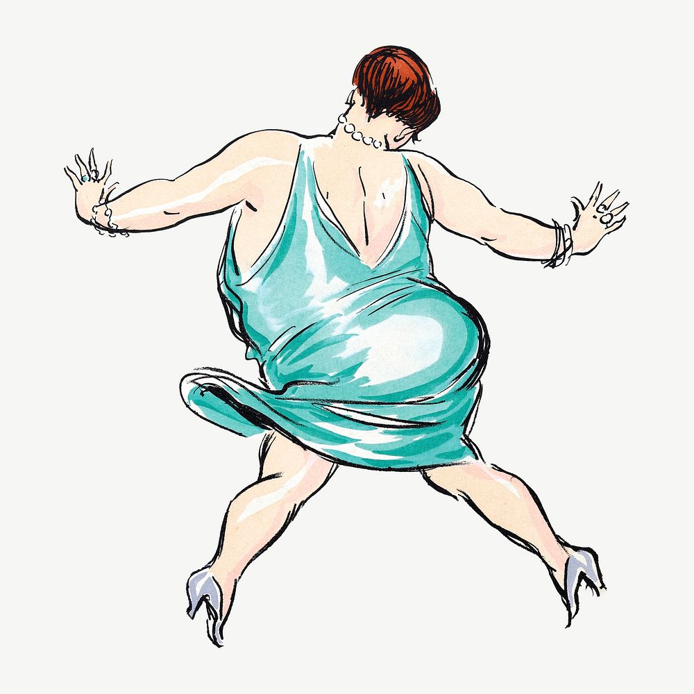 Curvy woman dancing in blue dress clipart psd.  Remixed by rawpixel.
