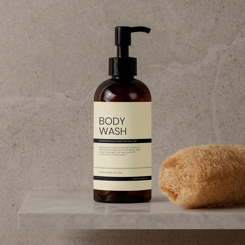 Pump bottle mockup, cosmetic dispenser, psd label for body wash product
