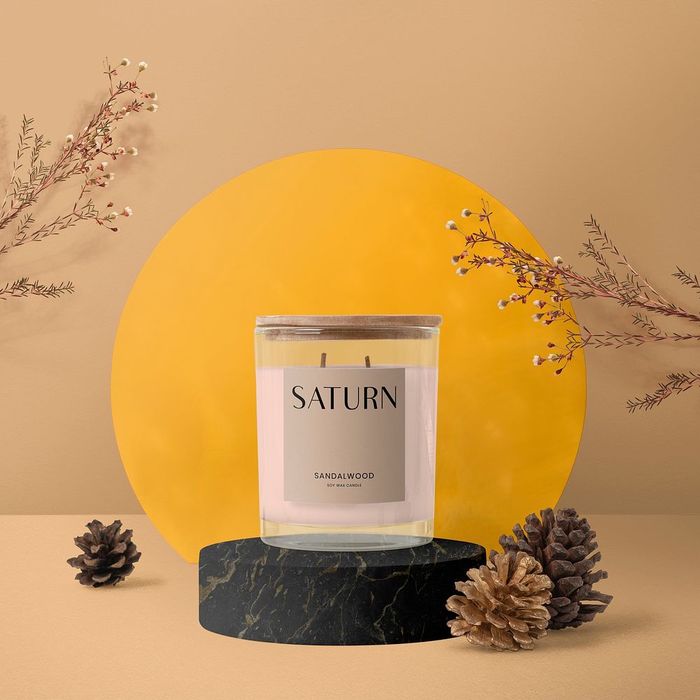 Aromatic candle label mockup psd aesthetic autumn vibes, home spa product packaging design