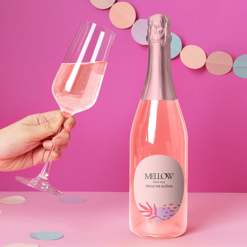 Rose sparkling wine bottle mockup, aesthetic packaging psd