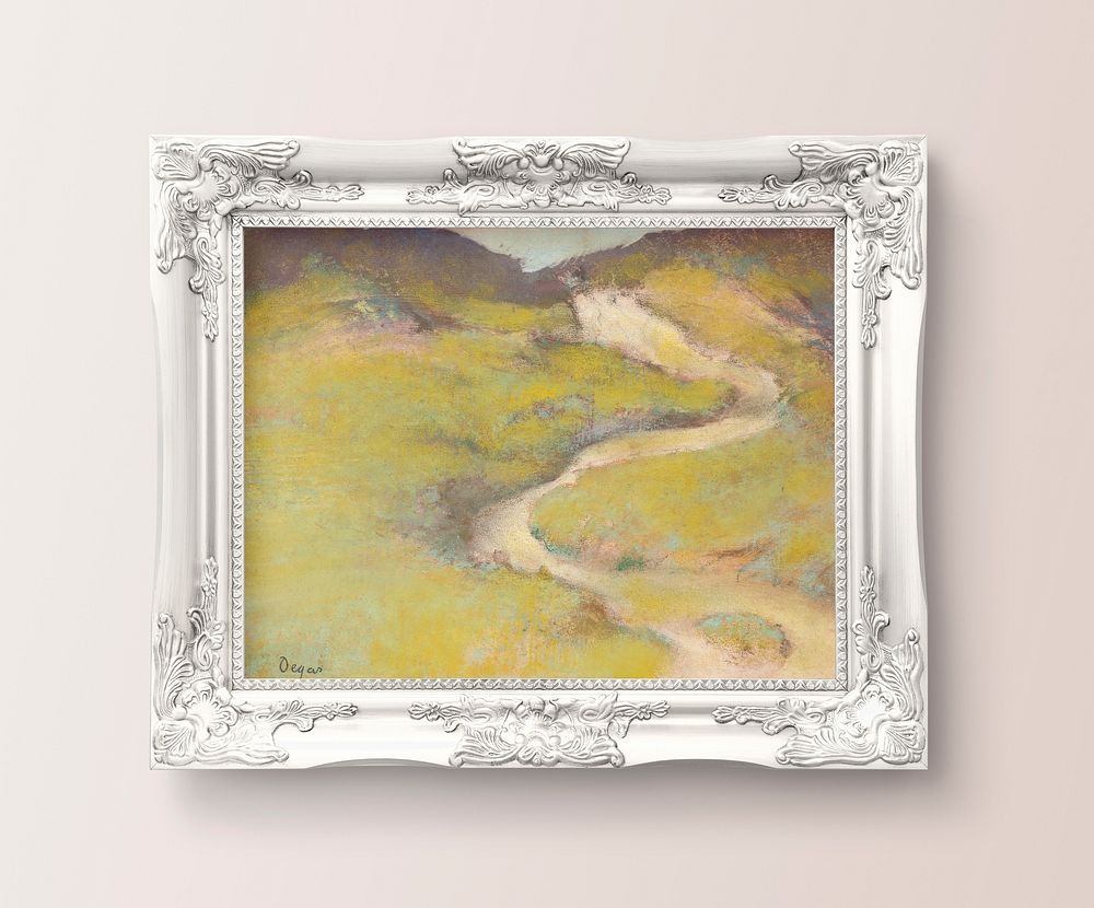 Edgar Degas' Pathway in a Field in luxurious baroque frame, remixed by rawpixel