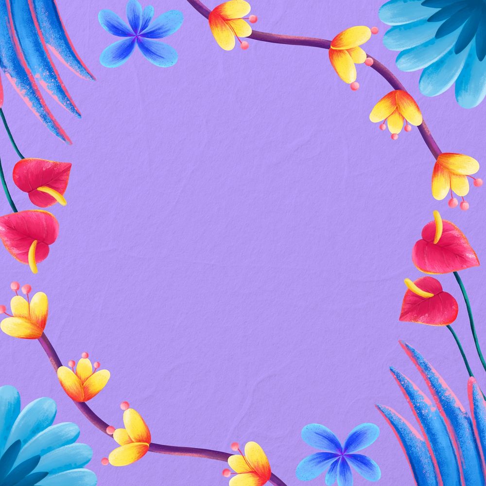 Tropical flowers frame background, purple design
