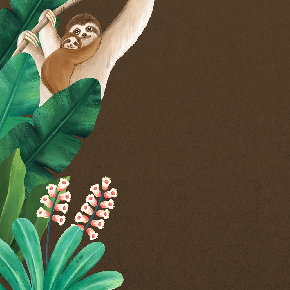 Brown wildlife border background, sloth illustration