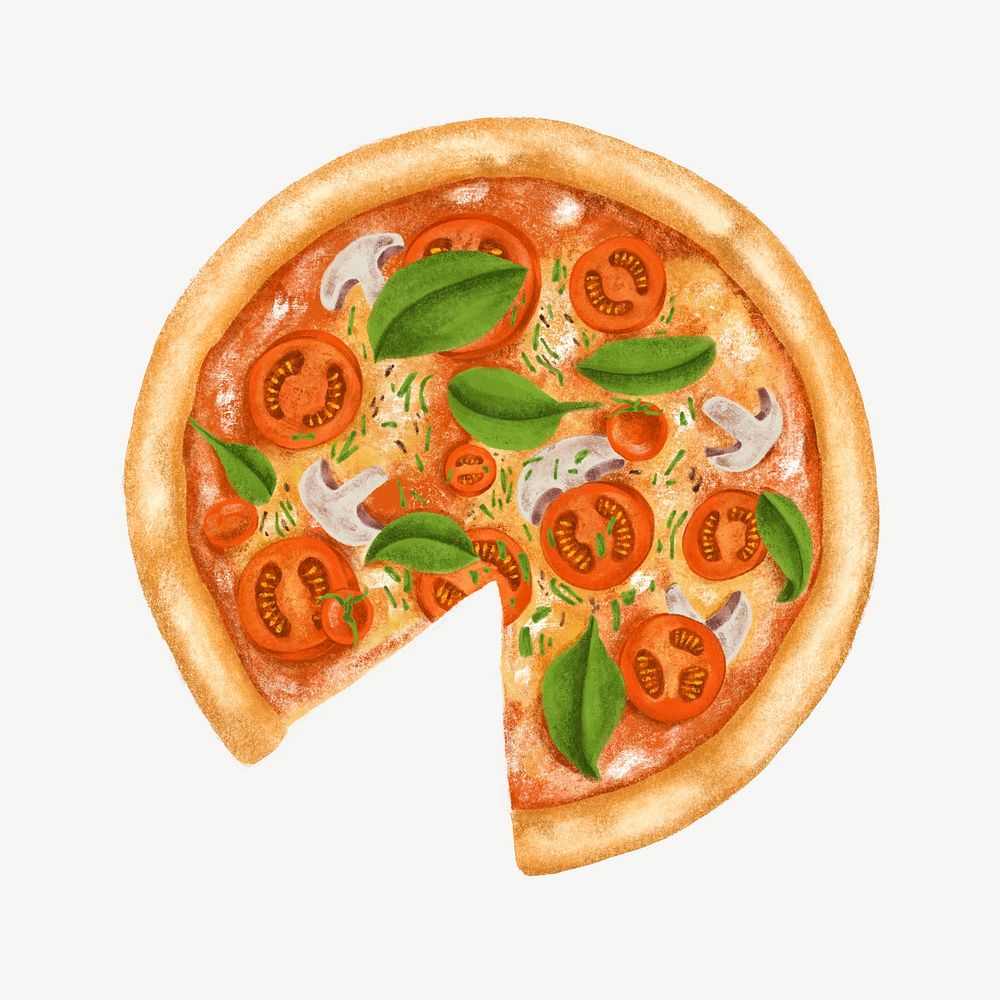 Tomatoes and basil pizza illustration collage element psd