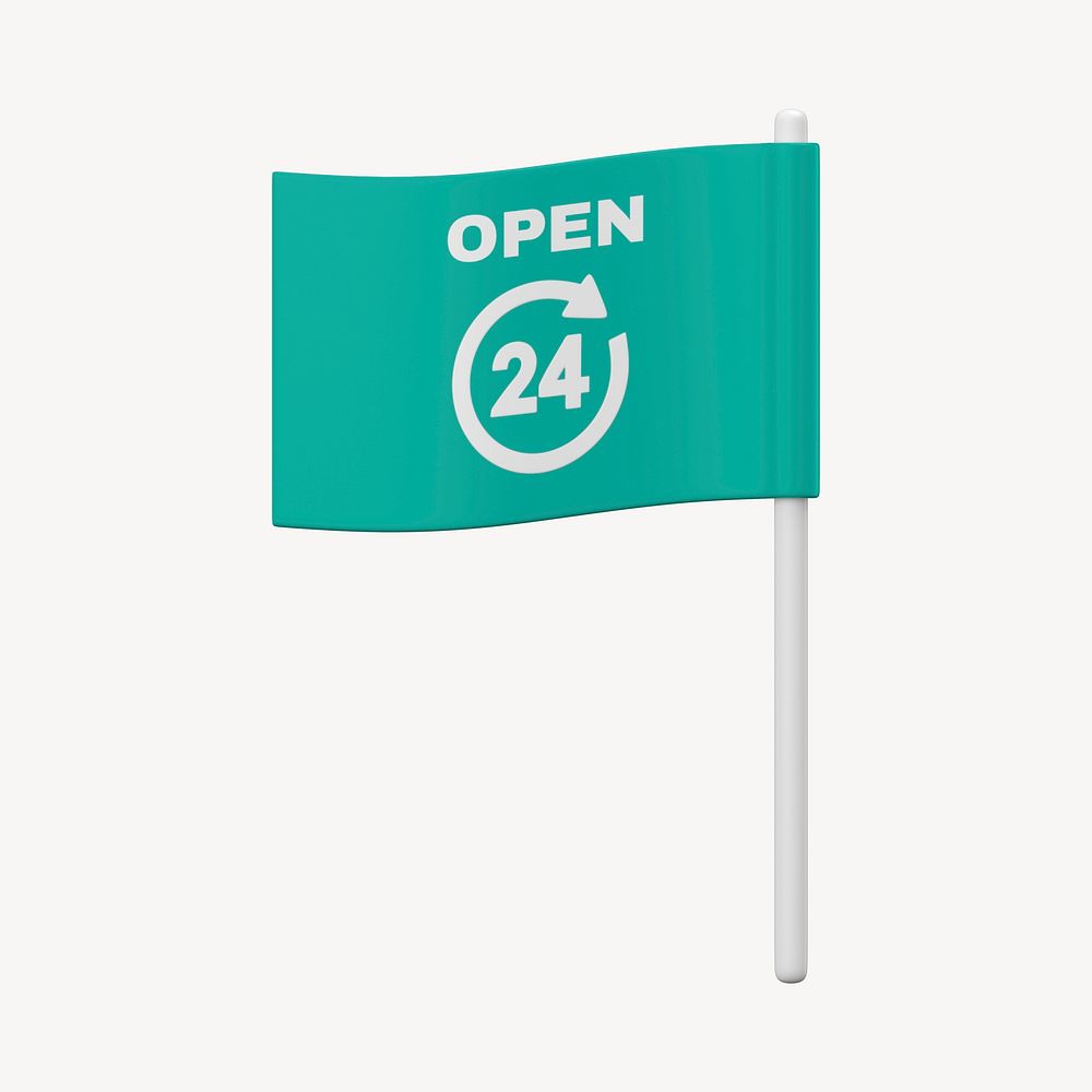 Open 24 hours flag mockup, 3D rendered design psd