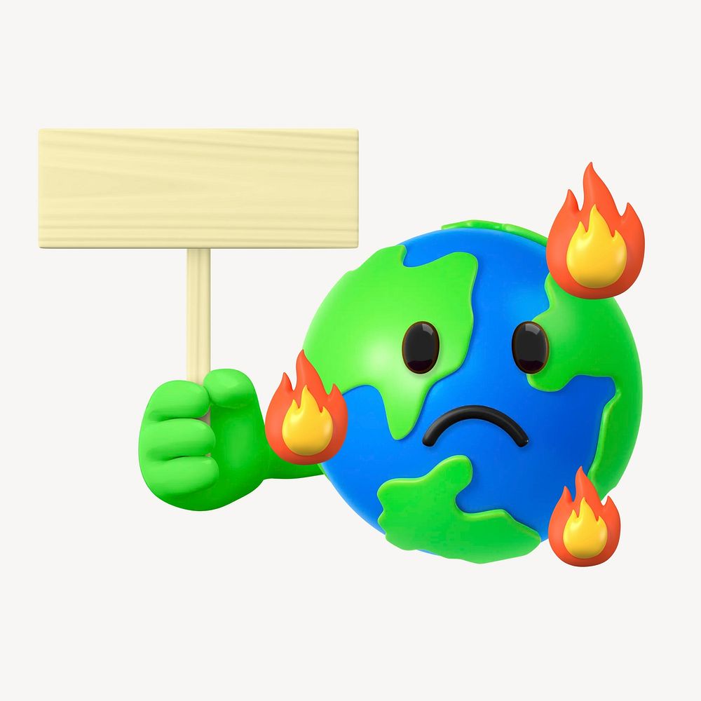 Planet holding protest sign, environment, 3D emoticon illustration
