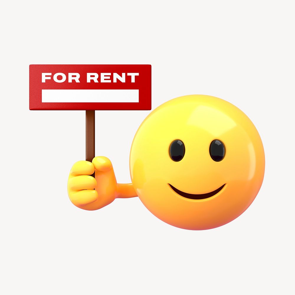 Emoticon holding rent sign mockup, 3D rendered design psd