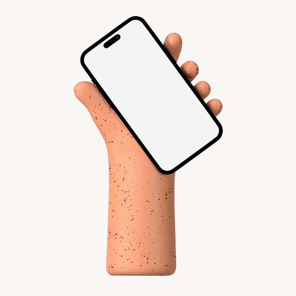 Freckled hand holding smartphone, blank screen