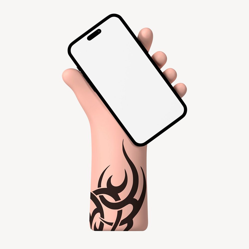 Smartphone screen mockup, 3D hand illustration psd