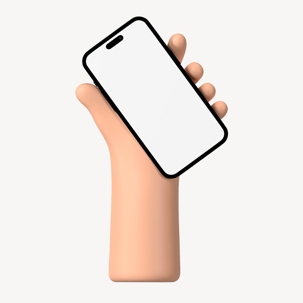 Hand holding smartphone, blank screen in 3D design