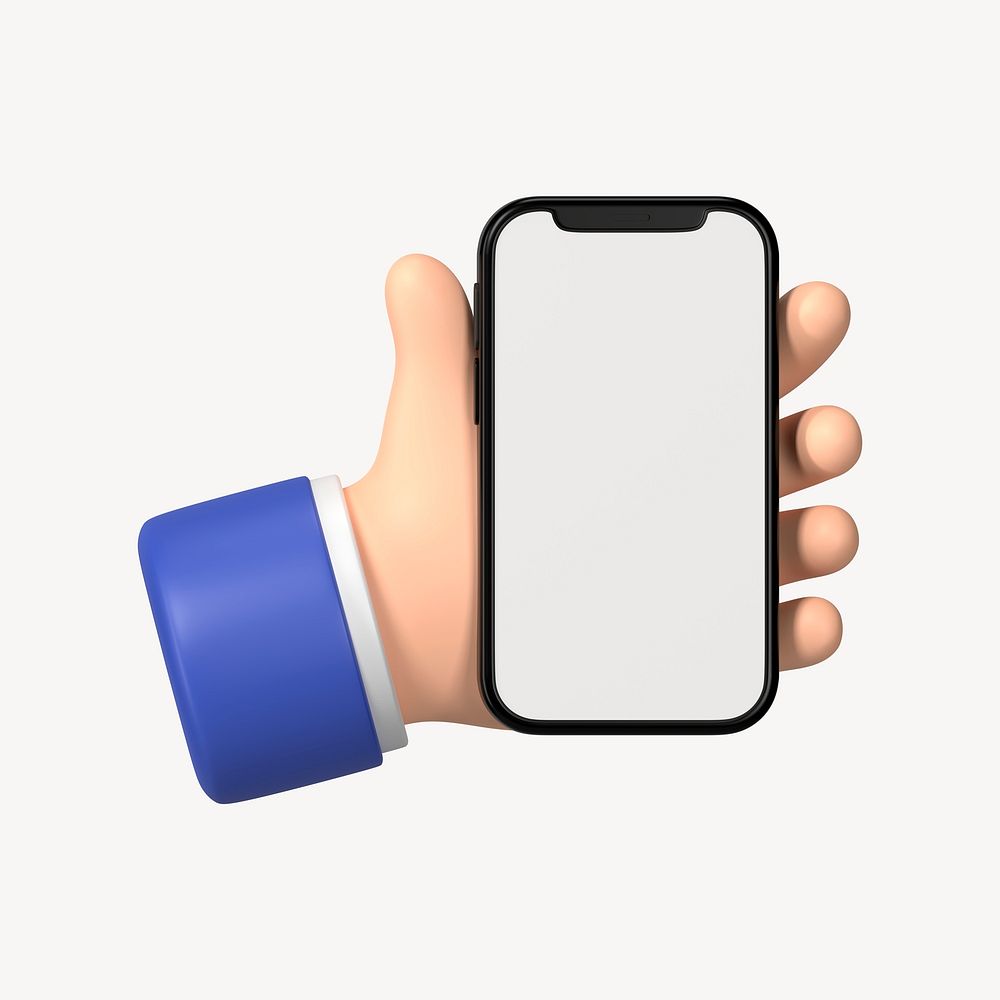 Smartphone screen mockup, 3D hand illustration psd