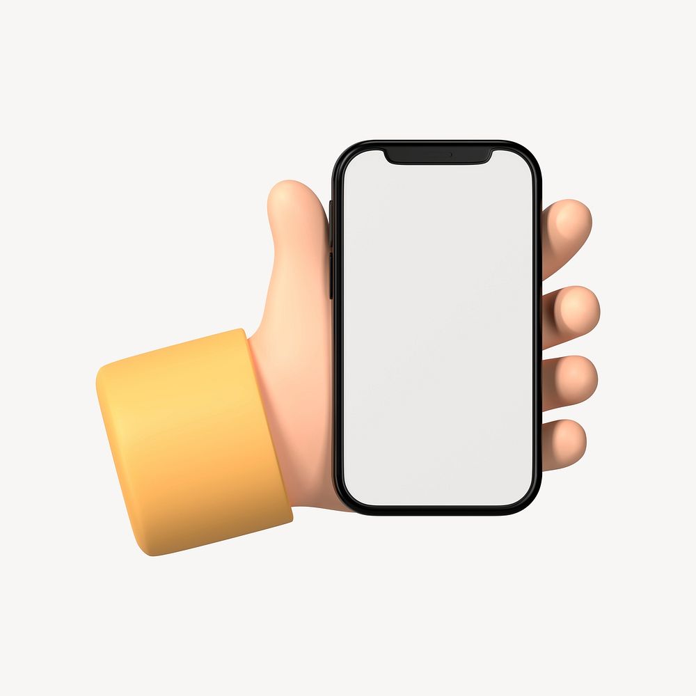 Smartphone screen mockup, 3D hand illustration psd