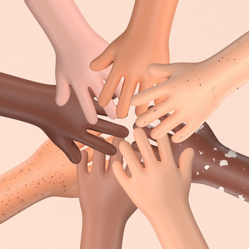 Joined diverse hands, 3D rendering graphic