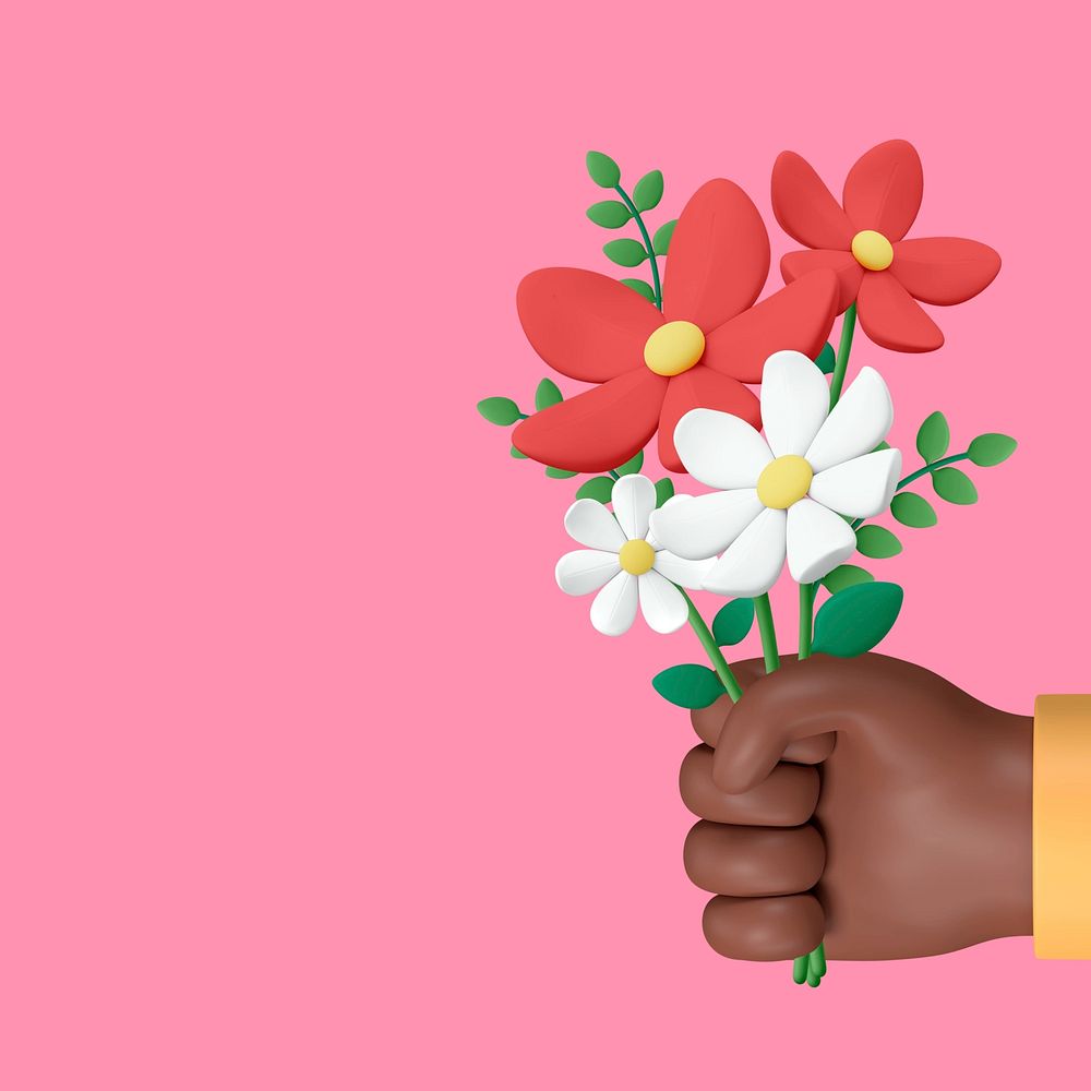 Hand holding flowers background, 3D pink design