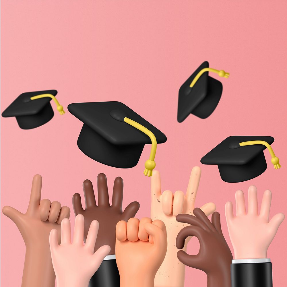 Throwing graduation caps background, 3D education graphics