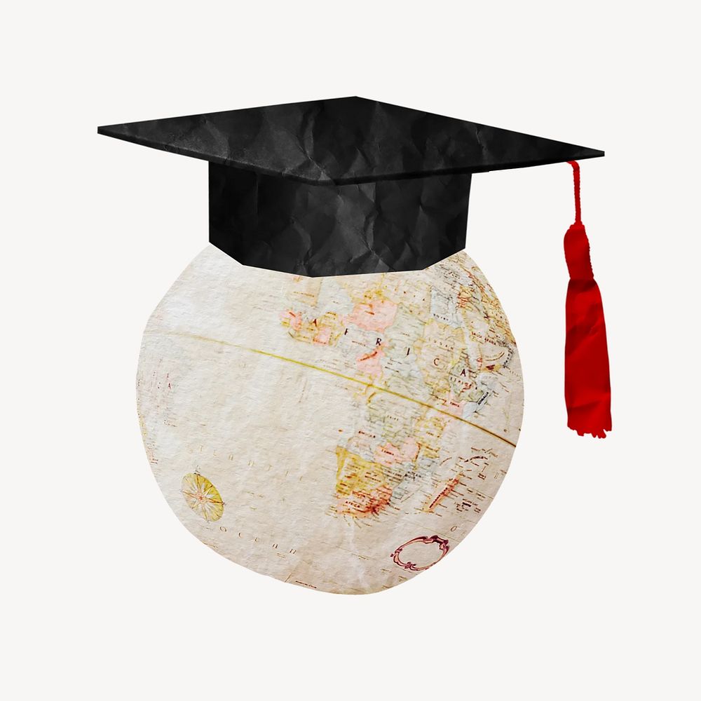 Graduation cap globe, education paper collage