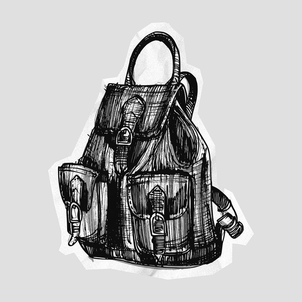 Backpack sketch, travel collage element psd