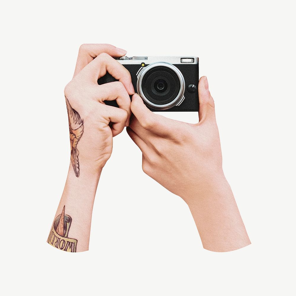 Hands holding camera, travel collage element psd