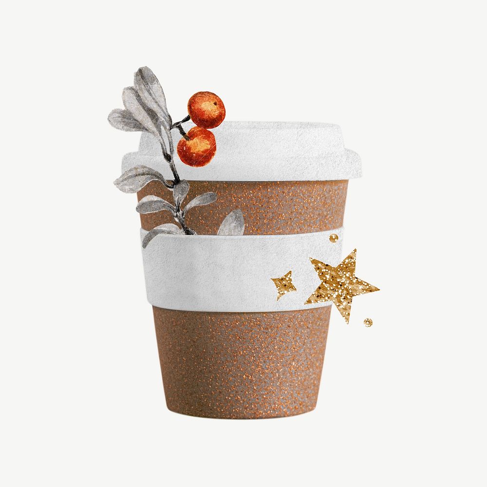 Festive coffee cup, journal collage element psd