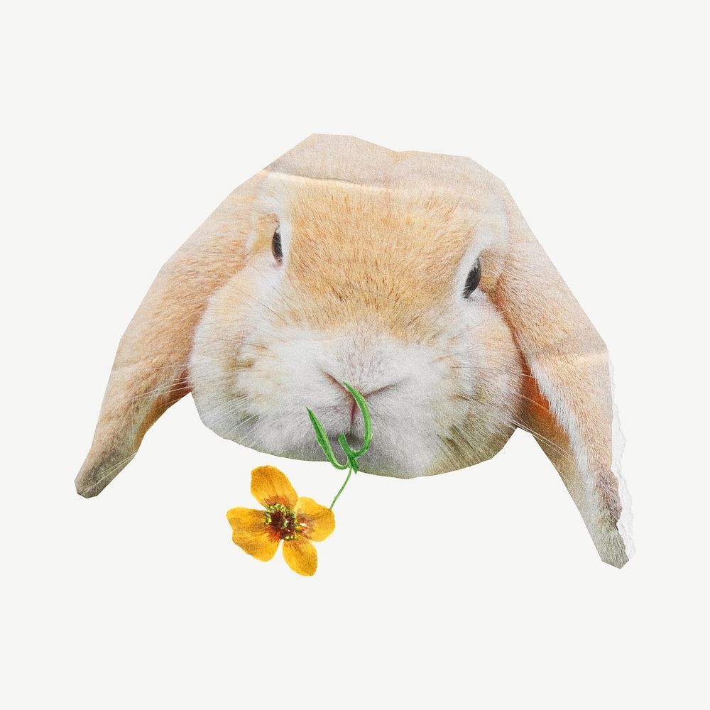 Cute rabbit, flower collage element psd