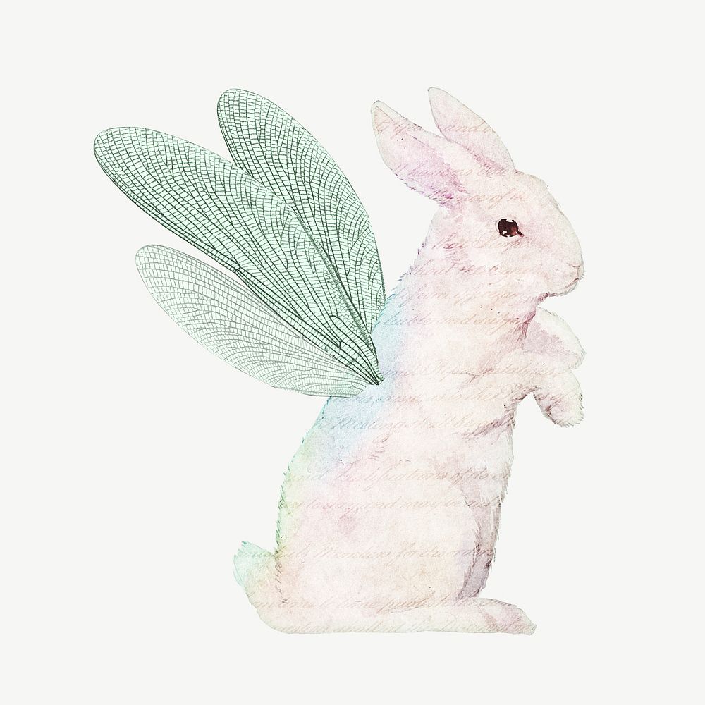 Winged rabbit, surreal animal collage element psd