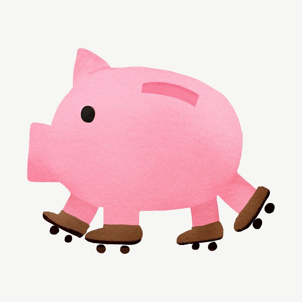 Skating piggy bank, finance collage element psd