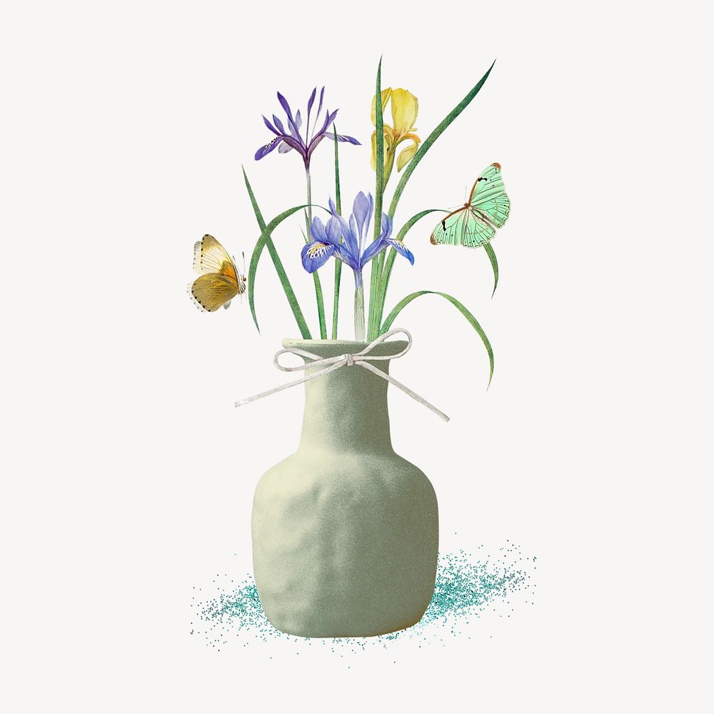 Colorful iris flower in off-white vase remix illustration